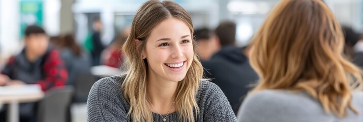 Student and Counselor Meeting - A young student smiles while talking with her school counselor. The symbolizes guidance, support, mentorship, education, and future planning