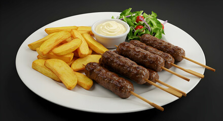 Serving of Grilled Skewers with Fries and Fresh Salad