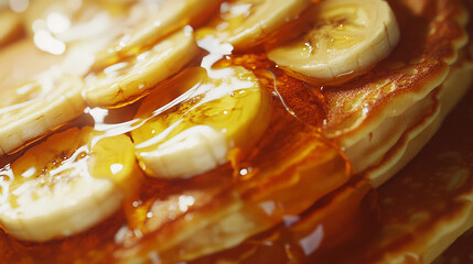 Macro of banana pancake stack with syrup