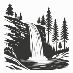 Black and White Waterfall Illustration with Rocky Cliff and Evergreen Trees