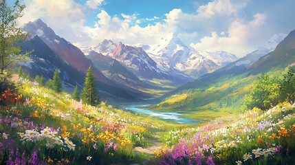 illustration of A peaceful mountain valley