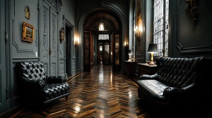 Dark, ornate hallway with rich wood floors