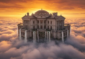 Surreal mansion floating above clouds with waterfalls during a fiery sunset
