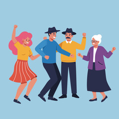 Obraz premium Group of happy people dancing together wearing colorful clothes and hats vector illustration 