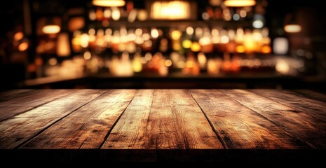 Rustic wooden table, blurred bar backdrop