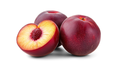 Ripe red purple plums with yellow flesh and pit, isolated plum, cut plum, fresh fruit, plum PNG transparent background
