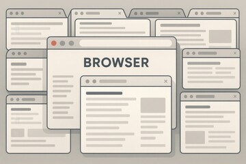 A creative digital illustration featuring multiple web browser windows open simultaneously. The design showcases a modern, organized look ideal for tech-related themes.