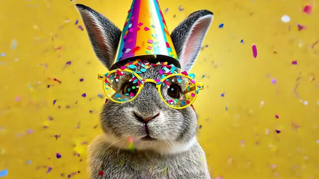 A festive rabbit wearing sunglasses and a party hat amidst confetti.