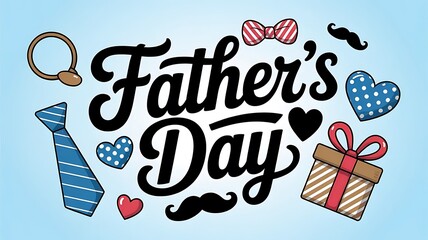 Naklejka premium Father's Day banner or poster template with gift box and necktie on blue background. Flat lay design for Father's Day greetings and surprises. Promotional and shopping layout to celebrate love for dad