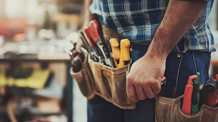 Close-up of a carpenter with a tool belt in a workshop