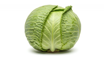 Fototapeta premium Fresh Green Cabbage Brassica Oleracea Isolated on White Detailed Botanical Real Shot Showcasing Intricate Leaf Layers and Round Head Formation Perfect for Decoration