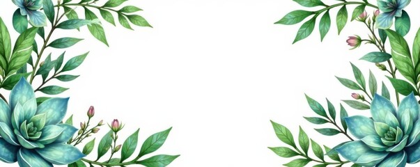 Elegant watercolor floral frame; palm leaves, succulents, eucalyptus, herbs, greenery Perfect wedding stationery , garland, green, background
