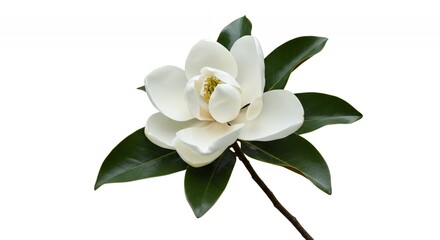Obraz premium Magnolia Grandiflora Flower Isolated With Creamy Petals and Glossy Green Leaves Displaying Botanical Details on a White Background