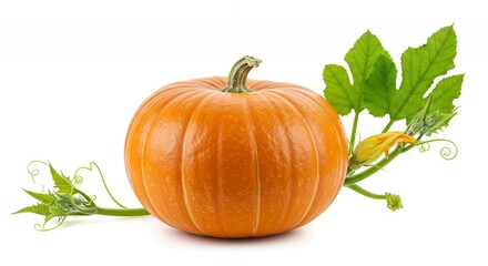 Pumpkin Isolated on White Background with Green Foliage and Vine Orange Cucurbita Moschata Perfect for Autumn Harvest Thanksgiving or Halloween Decoration Botanical Illustration