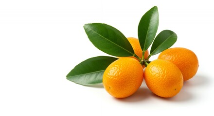 Vibrant Kumquat Fortunella Japonica Fruits with Lush Green Leaves Isolated on White Background Highlighting Freshness and Natural Beauty in Close Up Detailed Shot