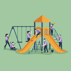 Fototapeta premium Playground maintenance workers repairing and cleaning children play area with slide and swings vector illustration 