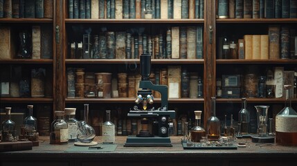 Antique Lab, microscope, bookshelves, vintage, research, study. Possible use Stock photo
