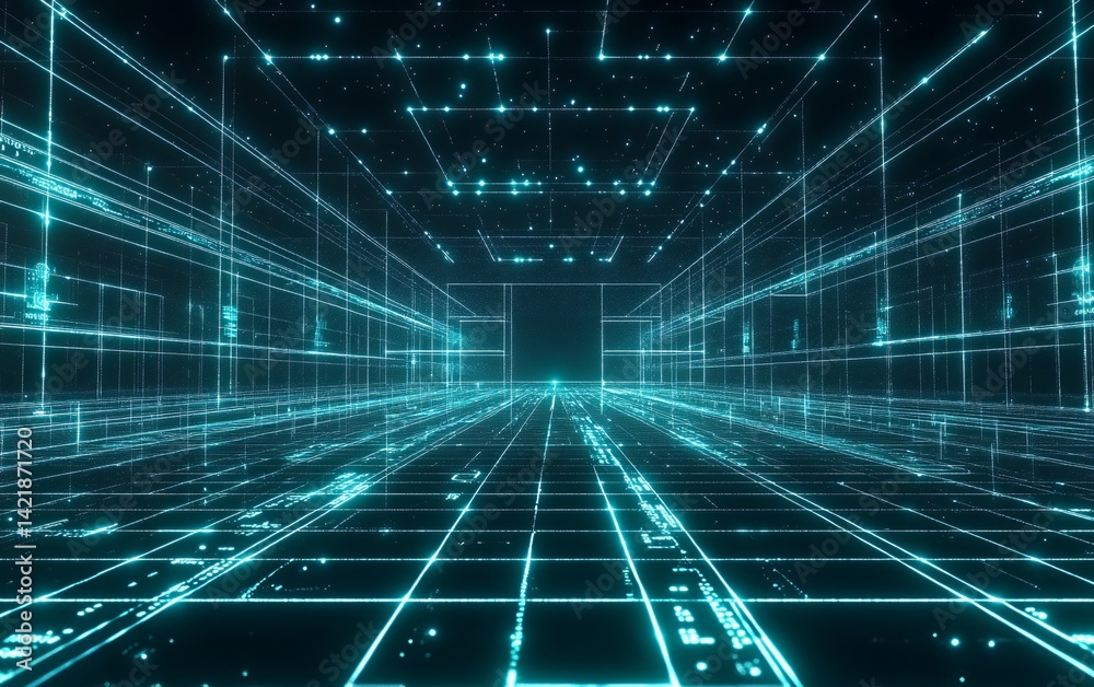 Fototapete Futuristic digital landscape featuring neon glowing grid pattern and abstract data visualization elements