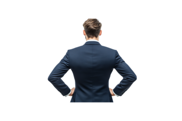 Man in a suit walking away, viewed from the back, with a transparent background