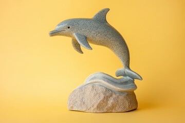 Obraz premium Grey dolphin figurine leaps from a light beige rock.