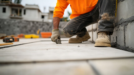 Construction Worker Laying Concrete Slabs
