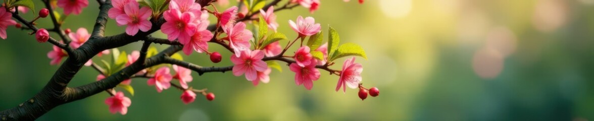 Vibrant spring tree blossoms, lush green leaves , image, design, garden