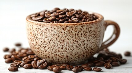 Fototapeta premium Coffee beans in a rustic mug on a white surface