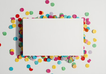 blank white card mockup with colorful confetti on white background for celebration or invitation design


