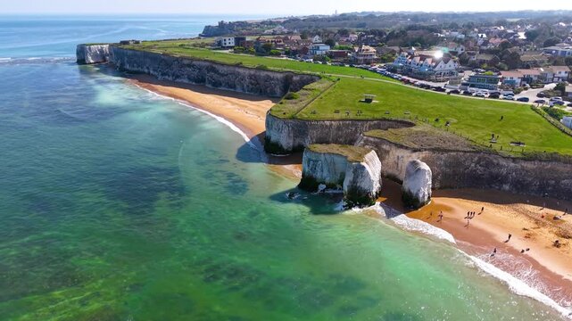 Aerial view of the east coast of England, Kent, with the beautiful beach of Botany Bay and white chalk rocks in the sea