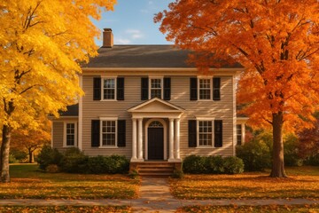 A beautiful house surrounded by vibrant autumn foliage. The warm colors of orange and yellow trees complement the charming architecture of the home, capturing the essence of fall.