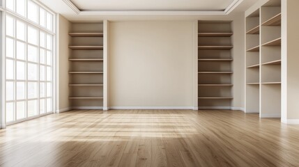 Fototapeta premium Modern minimalist living room with no furniture, warm wooden floors, light beige walls, and built-in shelving, clean and spacious atmosphere