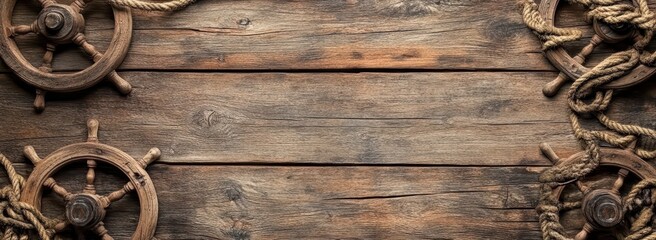 Obraz premium Nautical Wooden Background with Steering Wheels and Rope