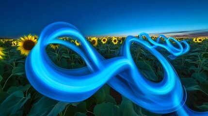 Sunflower field at dusk with light trails from fireflies blending with LED wand swirls