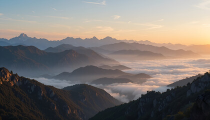 Fototapeta premium a panoramic view of a majestic mountain range bathed in the warm hues of sunrise, with mist rolling through the valleys.