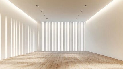 Obraz premium White minimalist living room with vertical wood slat wall, warm-toned flooring, recessed lighting, and clean architectural lines