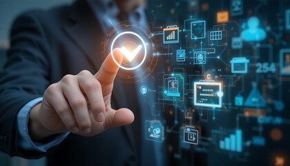 Fototapeta premium Man’s finger interacting with a holographic check mark, with floating digital files and documents in the background. Blank space available