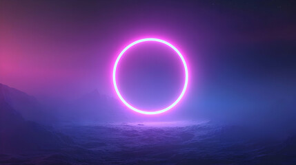 Glowing Pink Neon Circle in a Purple and Blue Night Landscape