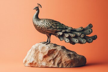 Obraz premium Ornate bronze peacock figurine perched atop a stone rock.