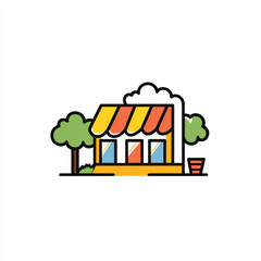 Illustration of a Colorful Small Shopfront with Trees, Planter, and Cloudy Sky
