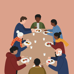 Plakat Group of diverse people sharing meal together around table vector illustration in warm tones and cozy atmosphere 