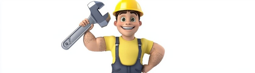 A cheerful cartoon character in a yellow hard hat, holding a large wrench, ready for construction work.