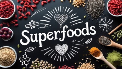 Superfoods on Blackboard: A Bold Flat Lay of Nature&rsquo;s Powerhouse Ingredients with Chalk-Art Flair