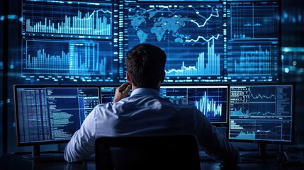 A team of executives brainstorms innovative business strategies, analyzing graphs and market trends displayed on a large monitor