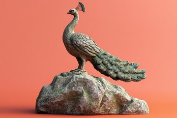 Fototapeta premium Ornate peacock figurine perched atop a weathered rock.