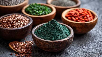 Superfoods  Healthy ingredients, close-up shot, various bowls, dark background.  Use Health, food blog, recipe