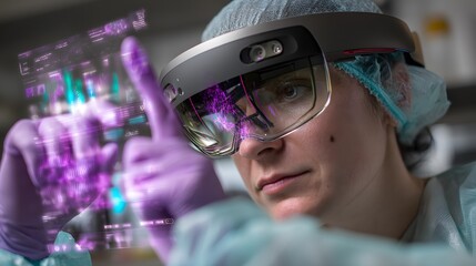 Woman in surgical attire using augmented reality headset with purple and teal holographic display