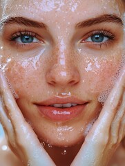 Natural beauty portrait of young woman with fresh skin and radiant expression showcasing skincare routine without brands or logos