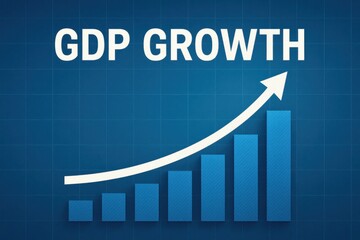 A visually striking graphic illustrating GDP growth with an upward trend. The image features a blue background and bar chart, representing economic progress and financial analysis.