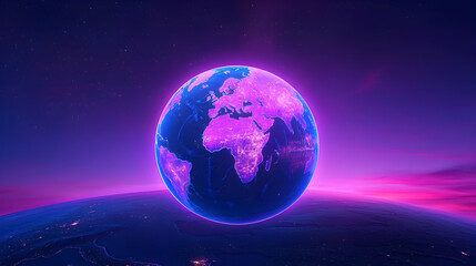 Fototapeta premium Glowing Pixel Earth in a Purple and Pink Cosmic Space