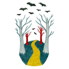 Mysterious forest scene with bats flying above colorful trees, winding path, illustrating the Halloween spirit and nature's beauty.